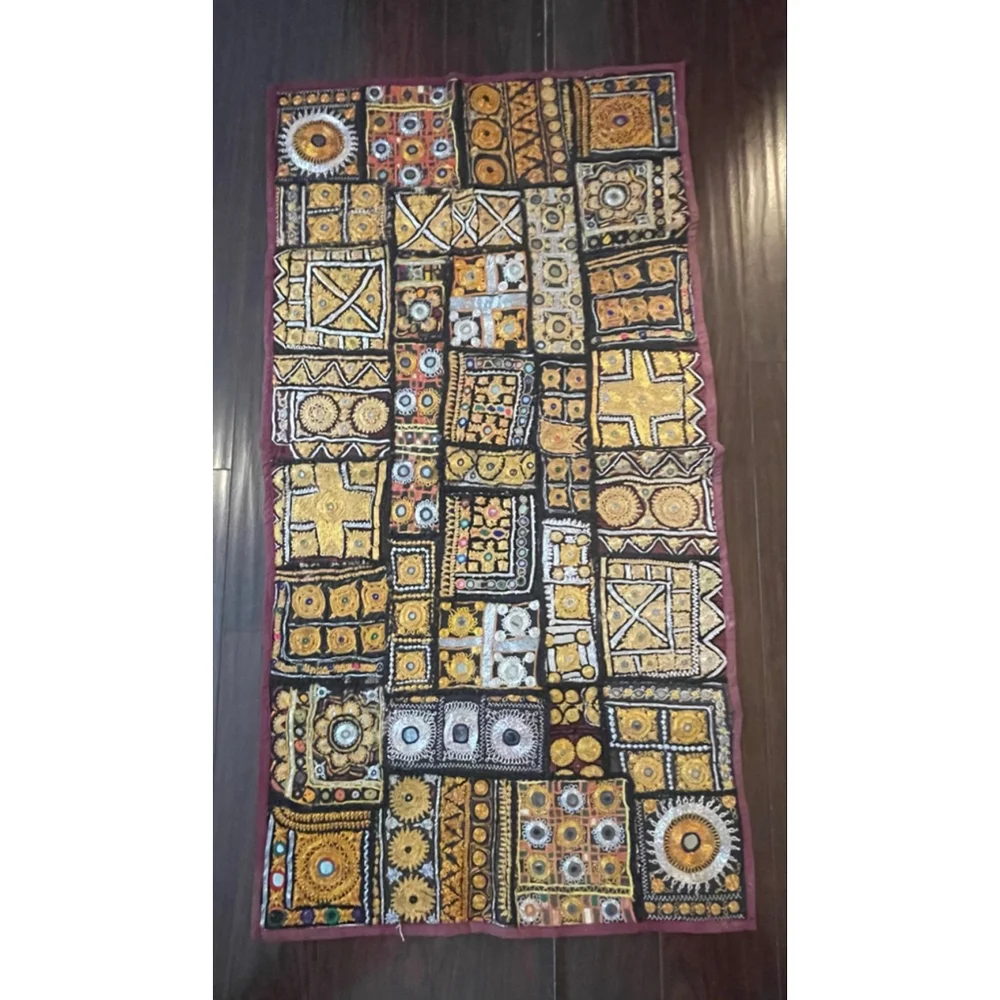 Vintage Indian Embroidered Mirror Work Wall Hanging 46x24 Gujarat Rajasthan